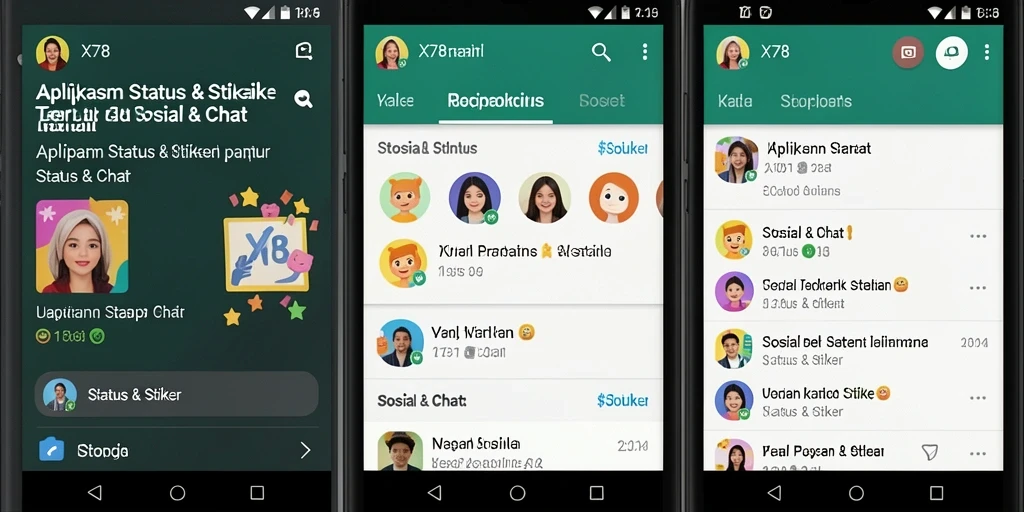 Antarmuka aplikasi X78 dengan berbagai pilihan stiker dan status yang menarik.